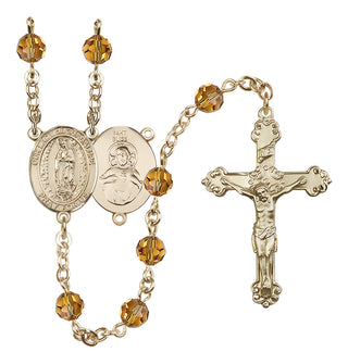 14 Karat Gold 6mm Austrian Crystal Our Lady of Guadalupe Rosary in Topaz