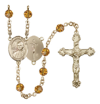 14 Karat Gold 6mm Austrian Crystal Saint John Paul II Rosary in Topaz