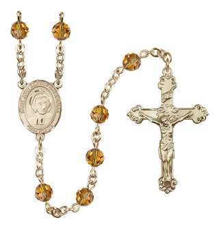 14 Karat Gold 6mm Austrian Crystal Saint John Baptist de la Salle Rosary in Topaz
