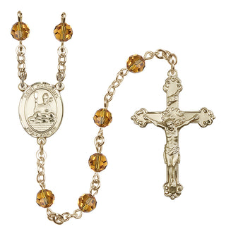 14 Karat Gold 6mm Austrian Crystal Saint Honorius of Amiens Rosary in Topaz