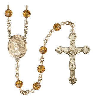 14 Karat Gold 6mm Austrian Crystal Saint Daniel Comboni Rosary in Topaz