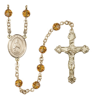 14 Karat Gold 6mm Austrian Crystal Our Lady Rosa Mystica Rosary in Topaz