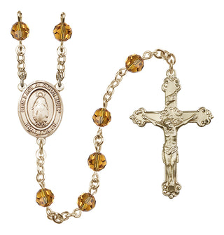14 Karat Gold 6mm Austrian Crystal Our Lady of Good Help Rosary in Topaz
