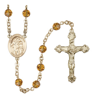 14 Karat Gold 6mm Austrian Crystal Guardian Angel w/Children Rosary in Topaz