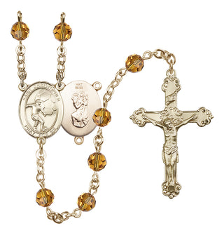 14 Karat Gold 6mm Austrian Crystal Saint Christopher/Soccer Rosary in Topaz