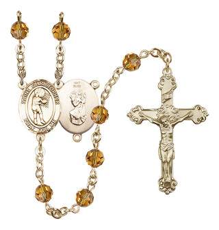 14 Karat Gold 6mm Austrian Crystal Saint Christopher/Basketball-Women Rosary in Topaz