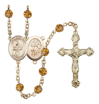 14 Karat Gold 6mm Austrian Crystal Saint Sebastian / Baseball Rosary in Topaz