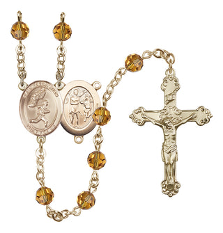 14 Karat Gold 6mm Austrian Crystal Saint Sebastian /Track&Field-Men Rosary in Topaz