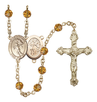 14 Karat Gold 6mm Austrian Crystal Saint Sebastian /Track&Field-Women Rosary in Topaz
