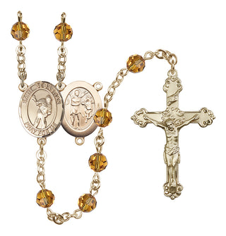 14 Karat Gold 6mm Austrian Crystal Saint Sebastian/Lacrosse Rosary in Topaz