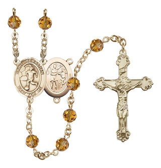 14 Karat Gold 6mm Austrian Crystal Saint Sebastian/Soccer-Women Rosary in Topaz