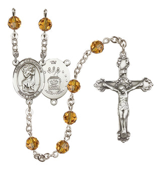 Sterling Silver 6mm Austrian Crystal Saint Christopher / Air Force Rosary in Topaz