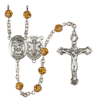 Sterling Silver 6mm Austrian Crystal Saint Michael/1St Responder Rosary in Topaz