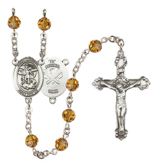 Sterling Silver 6mm Austrian Crystal Saint Michael / Nat'l Guard Rosary in Topaz