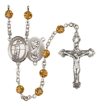 Sterling Silver 6mm Austrian Crystal Saint Christopher/Volleyball Rosary in Topaz