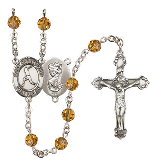 Sterling Silver 6mm Austrian Crystal Saint Christopher/Baseball Rosary in Topaz