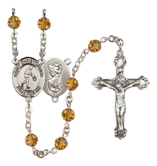 Sterling Silver 6mm Austrian Crystal Saint Christopher/Basketball Rosary in Topaz