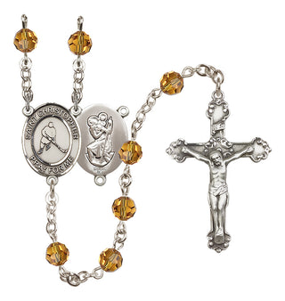 Sterling Silver 6mm Austrian Crystal Saint Christopher/Ice Hockey Rosary in Topaz