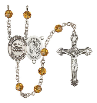 Sterling Silver 6mm Austrian Crystal Saint Sebastian/Swimming Rosary in Topaz