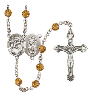 Sterling Silver 6mm Austrian Crystal Saint Christopher/Motorcycle Rosary in Topaz