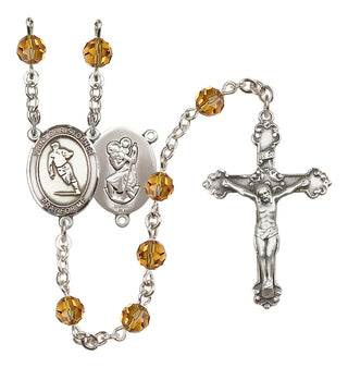 Sterling Silver 6mm Austrian Crystal Saint Christopher / Rugby Rosary in Topaz