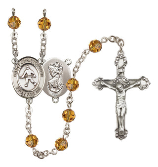 Sterling Silver 6mm Austrian Crystal Saint Christopher / Field Hockey Rosary in Topaz