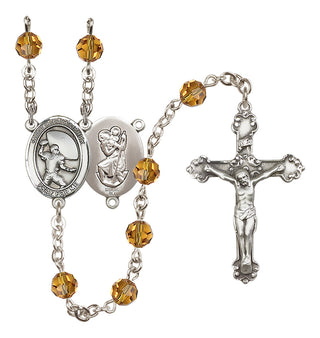 Sterling Silver 6mm Austrian Crystal Saint Christopher / Football Rosary in Topaz
