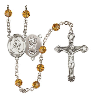 Sterling Silver 6mm Austrian Crystal Saint Christopher/Wrestling Rosary in Topaz