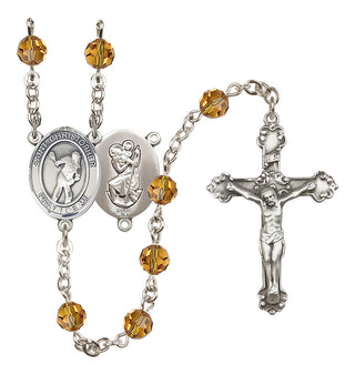 Sterling Silver 6mm Austrian Crystal Saint Christopher/Lacrosse Rosary in Topaz