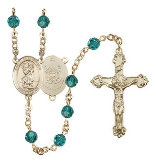 14 Karat Gold 6mm Austrian Crystal Saint Christopher / Coast Guard Rosary in Zircon