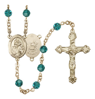 14 Karat Gold 6mm Austrian Crystal Saint Joan of Arc / Navy Rosary in Zircon
