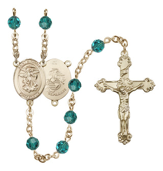 14 Karat Gold 6mm Austrian Crystal Saint Michael / Marines Rosary in Zircon