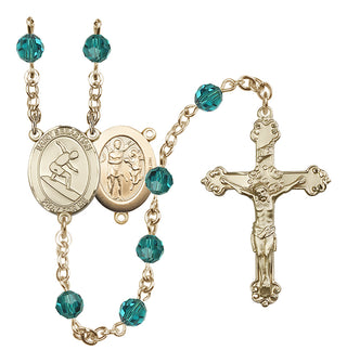 14 Karat Gold 6mm Austrian Crystal Saint Sebastian/Surfing Rosary in Zircon