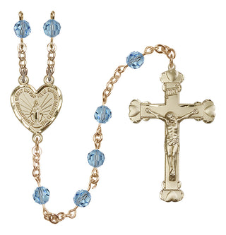 14 Karat Gold 6mm Austrian Crystal Miraculous Rosary in Aqua