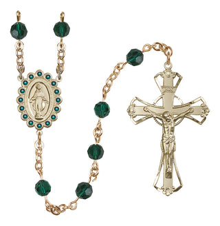 14 Karat Gold 6mm Austrian Crystal Miraculous Rosary in Emerald