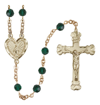 14 Karat Gold 6mm Austrian Crystal Miraculous Rosary in Emerald