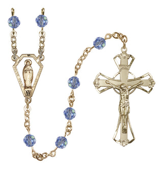 14 Karat Gold 6mm Austrian Crystal Miraculous Rosary in Light Sapphire