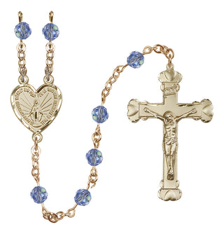 14 Karat Gold 6mm Austrian Crystal Miraculous Rosary in Light Sapphire