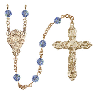 14 Karat Gold 6mm Austrian Crystal Miraculous Rosary in Light Sapphire