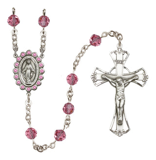 Sterling Silver 6mm Austrian Crystal Miraculous Rosary in Rose