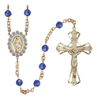 14 Karat Gold 6mm Austrian Crystal Miraculous Rosary in Sapphire