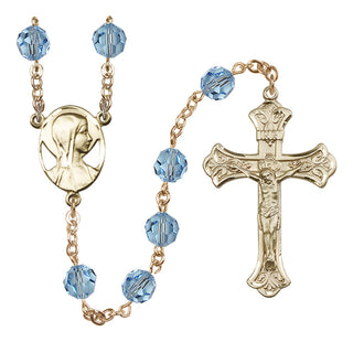 14 Karat Gold-Filled 8mm Austrian Crystal Madonna Mary Rosary in Aqua