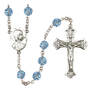 Sterling Silver 8mm Austrian Crystal Madonna Mary Rosary in Aqua