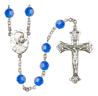 Sterling Silver 8mm Austrian Crystal Madonna Mary Rosary in Capri Blue