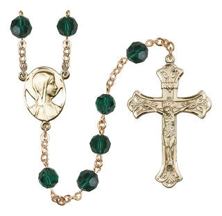 14 Karat Gold 8mm Austrian Crystal Madonna Mary Rosary in Emerald