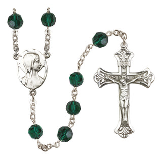 Sterling Silver 8mm Austrian Crystal Madonna Mary Rosary in Emerald