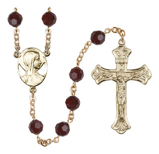 14 Karat Gold 8mm Austrian Crystal Madonna Mary Rosary in Garnet