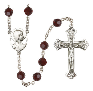 Sterling Silver 8mm Austrian Crystal Madonna Mary Rosary in Garnet