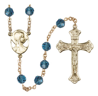 14 Karat Gold 8mm Austrian Crystal Madonna Mary Rosary in Indocolite