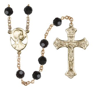 14 Karat Gold 8mm Austrian Crystal Madonna Mary Rosary in Jet